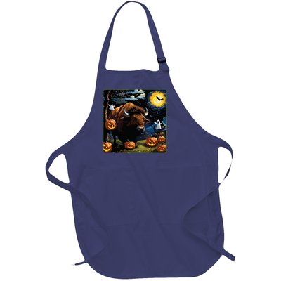 Spooky Halloween Bison Starry Night Full-Length Apron With Pockets