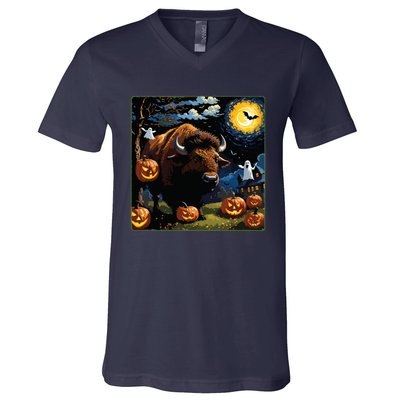 Spooky Halloween Bison Starry Night V-Neck T-Shirt