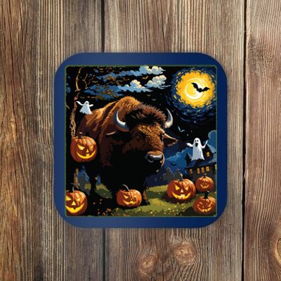 Spooky Halloween Bison Starry Night Coaster