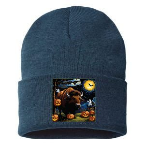 Spooky Halloween Bison Starry Night Sustainable Knit Beanie