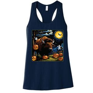 Spooky Halloween Bison Starry Night Women's Racerback Tank