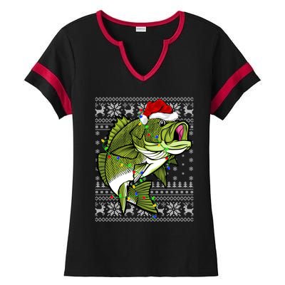 Santa Hat Bass Fish Xmas Lighting Ugly Bass Christmas Gift Ladies Halftime Notch Neck Tee