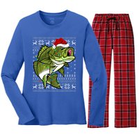 Santa Hat Bass Fish Xmas Lighting Ugly Bass Christmas Gift Women's Long Sleeve Flannel Pajama Set 