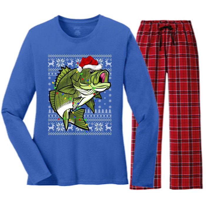 Santa Hat Bass Fish Xmas Lighting Ugly Bass Christmas Gift Women's Long Sleeve Flannel Pajama Set 