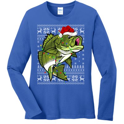 Santa Hat Bass Fish Xmas Lighting Ugly Bass Christmas Gift Ladies Long Sleeve Shirt