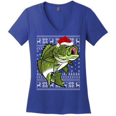 Santa Hat Bass Fish Xmas Lighting Ugly Bass Christmas Gift Women's V-Neck T-Shirt