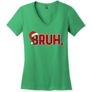 Santa Hat Bruh Funny Christmas Plaid Xmas Pajamas Gift Women's V-Neck T-Shirt