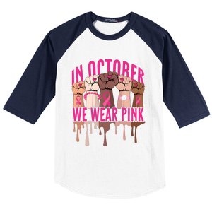 Strong Hands Breast Cancer In October We Wear Pink Baseball Sleeve Shirt