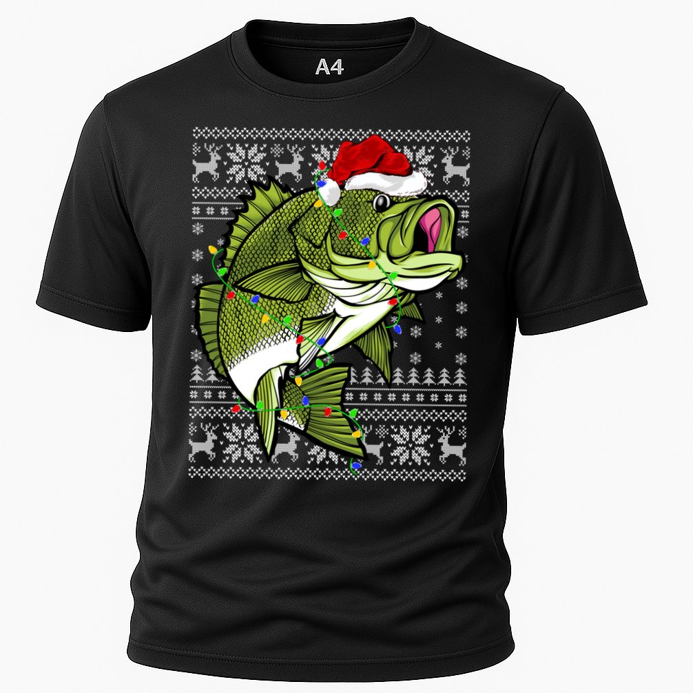 Santa Hat Bass Fish Xmas Lighting Ugly Bass Christmas Gift Cooling Performance Crew T-Shirt