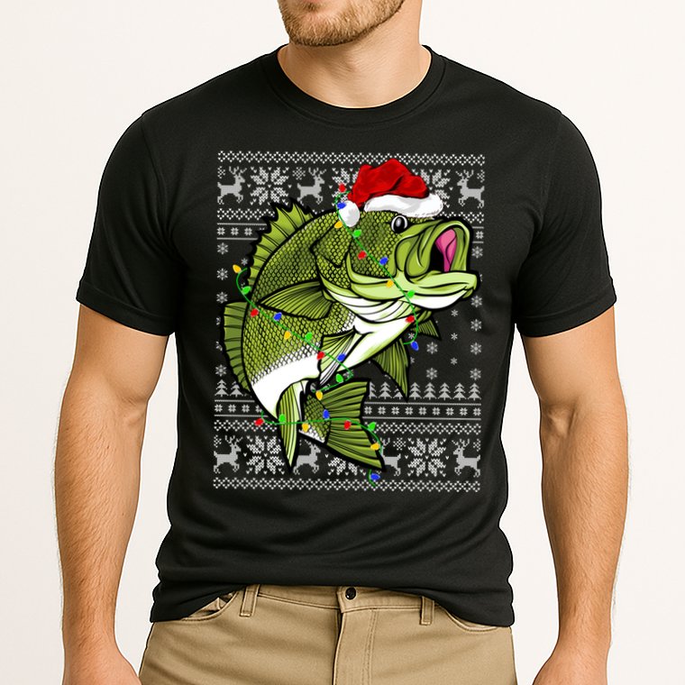 Santa Hat Bass Fish Xmas Lighting Ugly Bass Christmas Gift Cooling Performance Crew T-Shirt