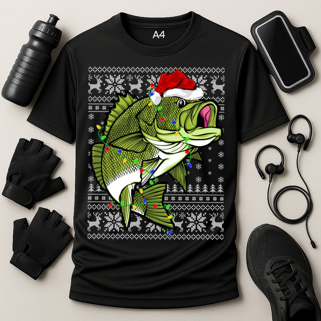 Santa Hat Bass Fish Xmas Lighting Ugly Bass Christmas Gift Cooling Performance Crew T-Shirt