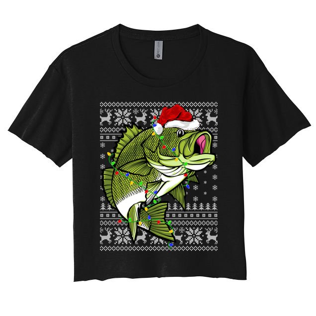 Santa Hat Bass Fish Xmas Lighting Ugly Bass Christmas Gift Women's Crop Top Tee