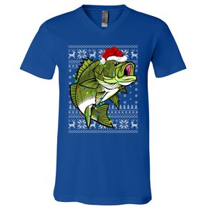 Santa Hat Bass Fish Xmas Lighting Ugly Bass Christmas Gift V-Neck T-Shirt