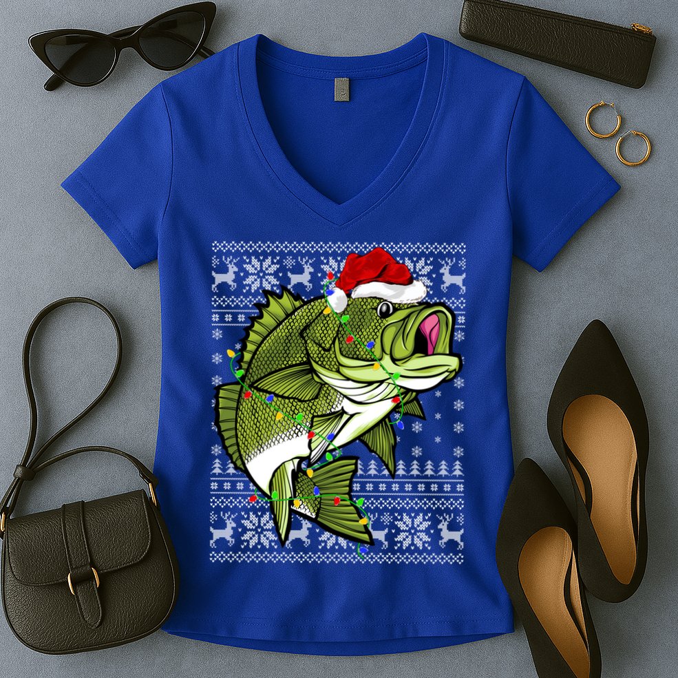 Santa Hat Bass Fish Xmas Lighting Ugly Bass Christmas Gift Women's V-Neck T-Shirt