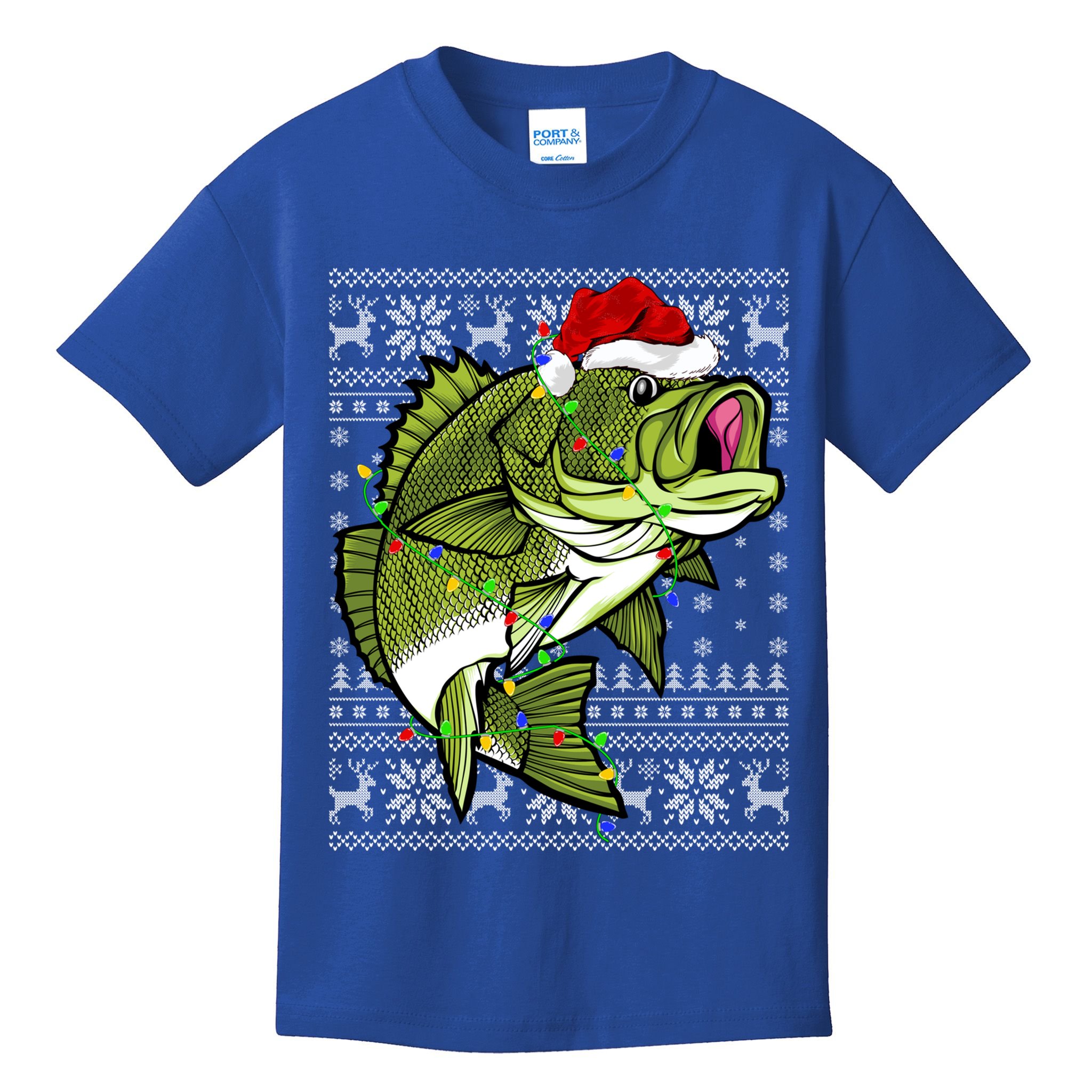 Santa Hat Bass Fish Xmas Lighting Ugly Bass Christmas Gift Kids T-Shirt