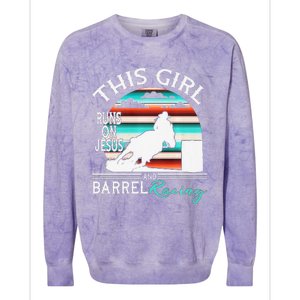 Serape Horse Barrel Racing This Girl Runs On Jesus Rodeo Premium Colorblast Crewneck Sweatshirt