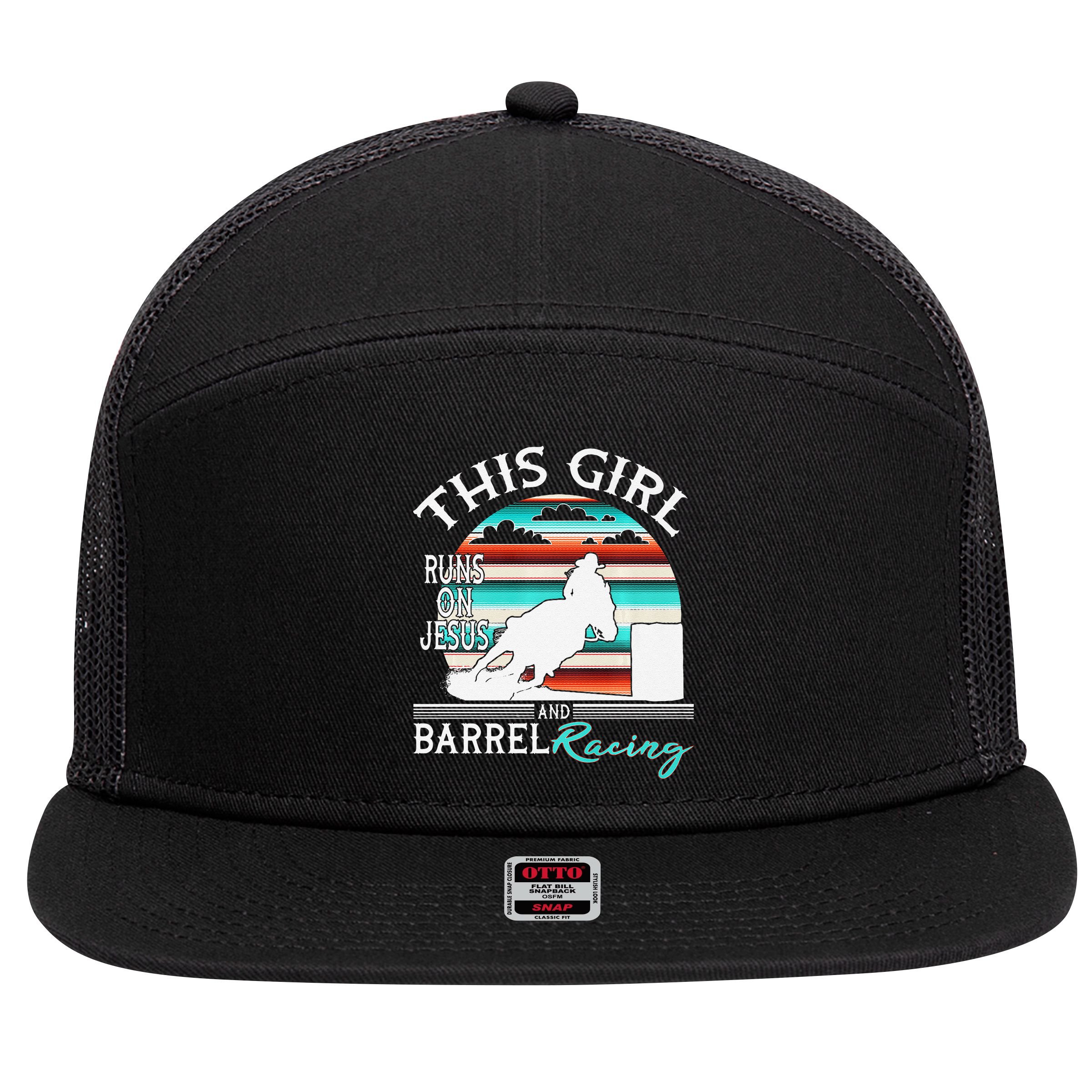 Serape Horse Barrel Racing This Girl Runs On Jesus Rodeo Premium 7 Panel Mesh Trucker Snapback Hat