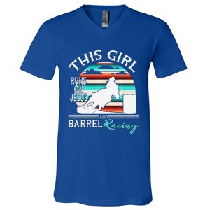 Serape Horse Barrel Racing This Girl Runs On Jesus Rodeo Premium V-Neck T-Shirt