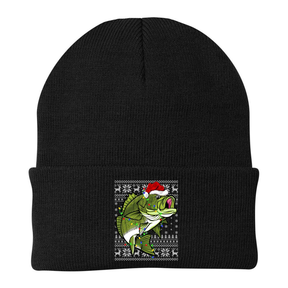 Santa Hat Bass Fish Xmas Lighting Ugly Bass Christmas Funny Gift Beanie