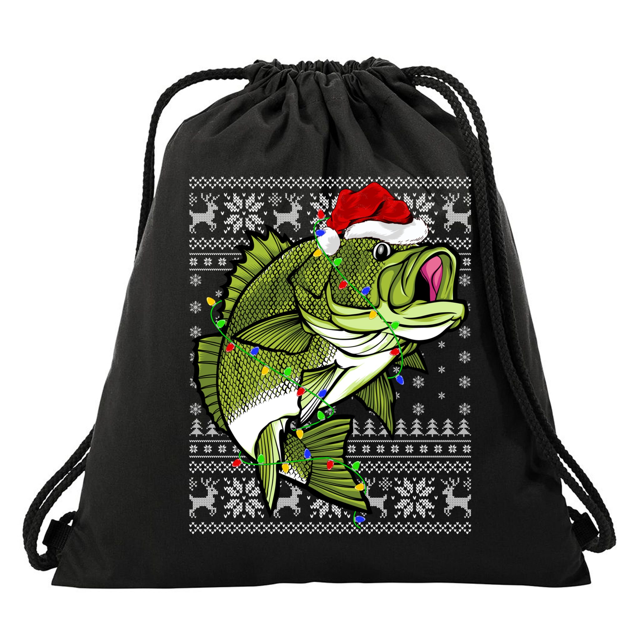 Santa Hat Bass Fish Xmas Lighting Ugly Bass Christmas Funny Gift Drawstring Bag