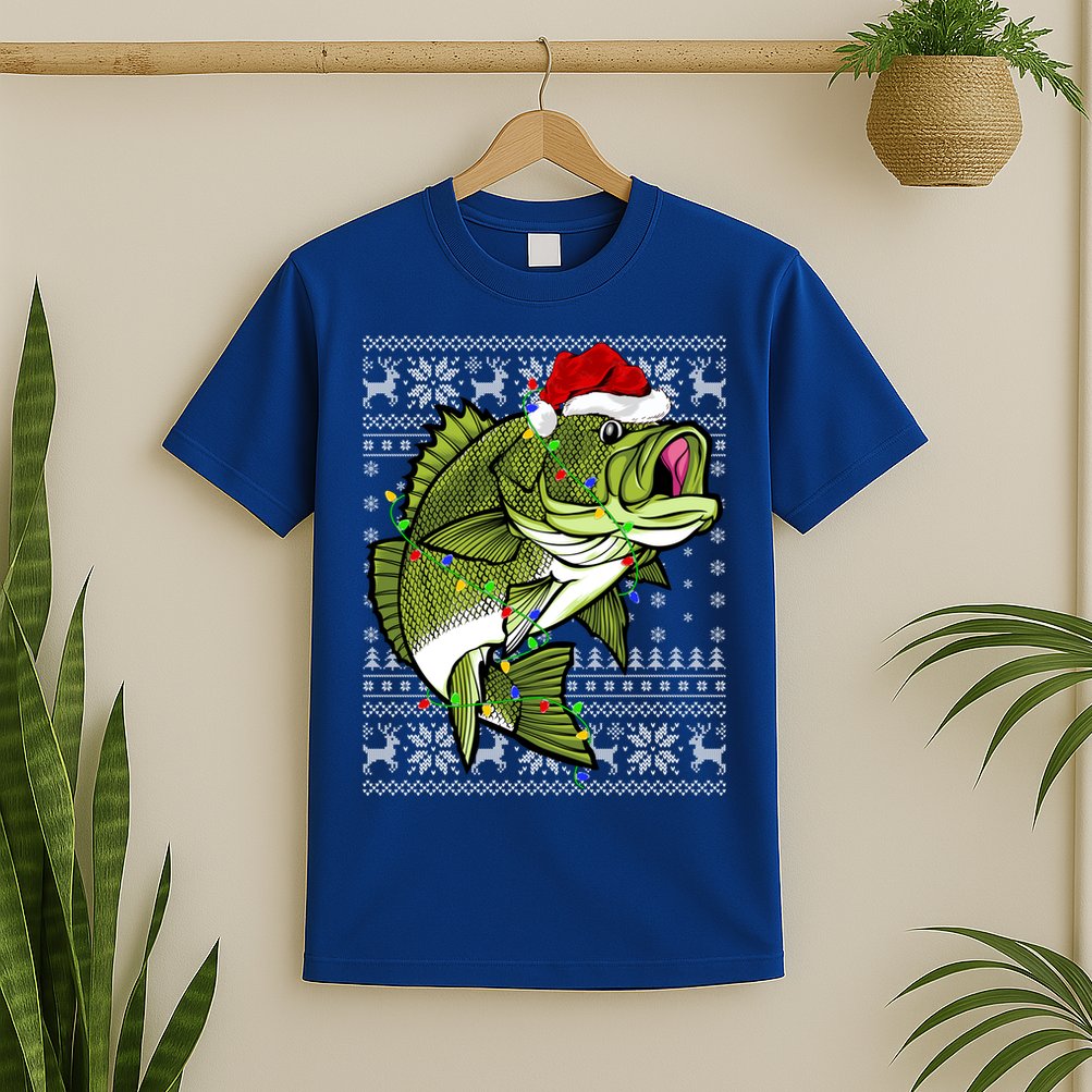 Santa Hat Bass Fish Xmas Lighting Ugly Bass Christmas Funny Gift T-Shirt