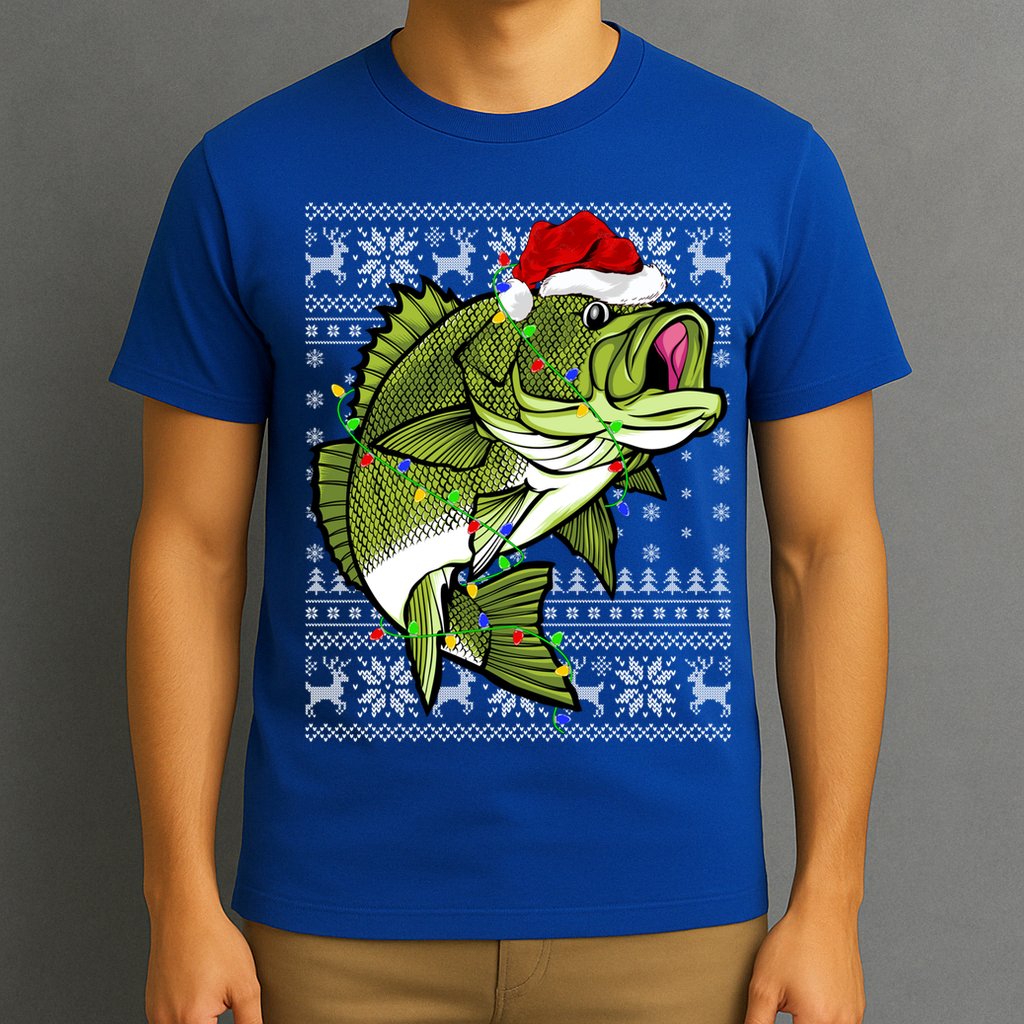 Santa Hat Bass Fish Xmas Lighting Ugly Bass Christmas Funny Gift T-Shirt