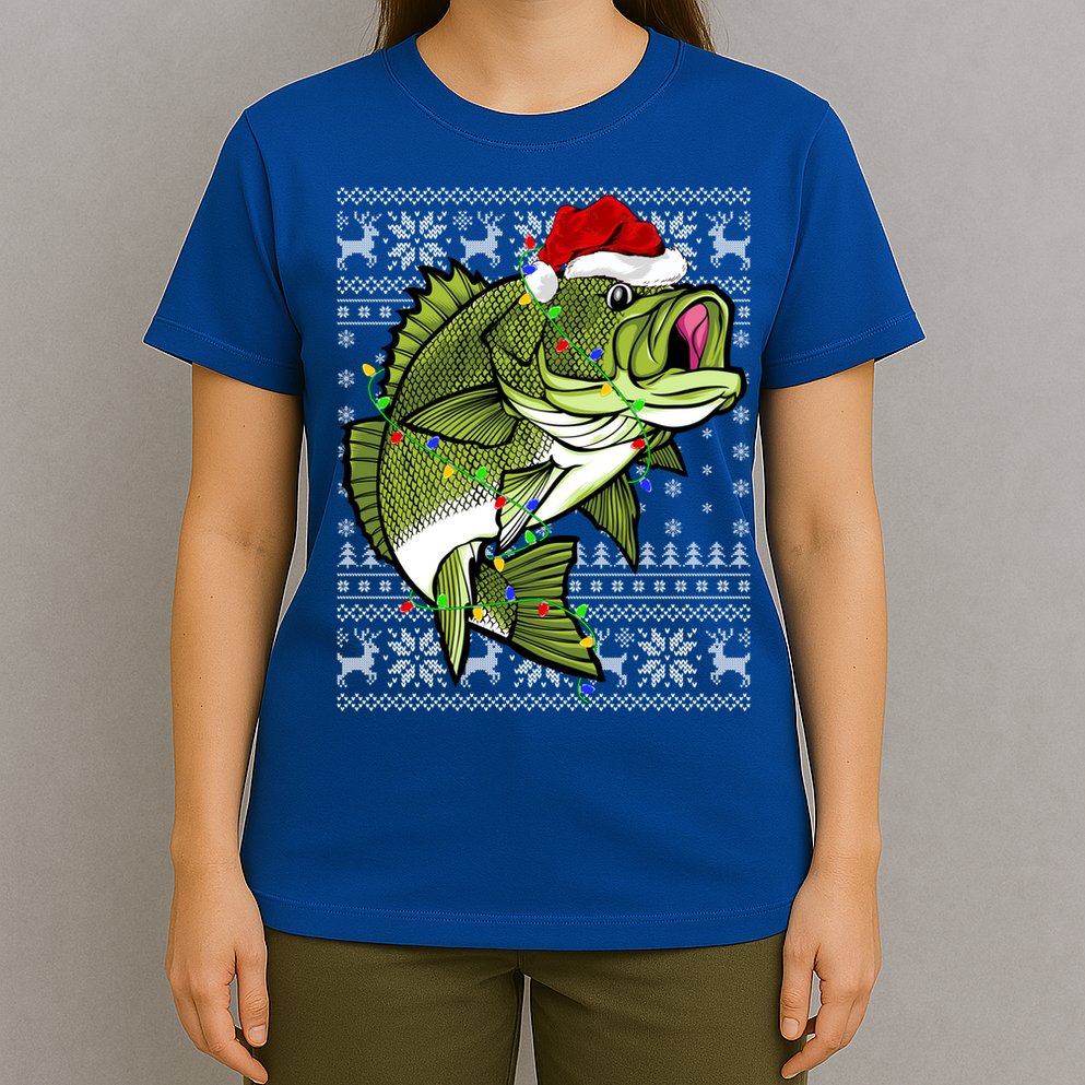 Santa Hat Bass Fish Xmas Lighting Ugly Bass Christmas Funny Gift T-Shirt
