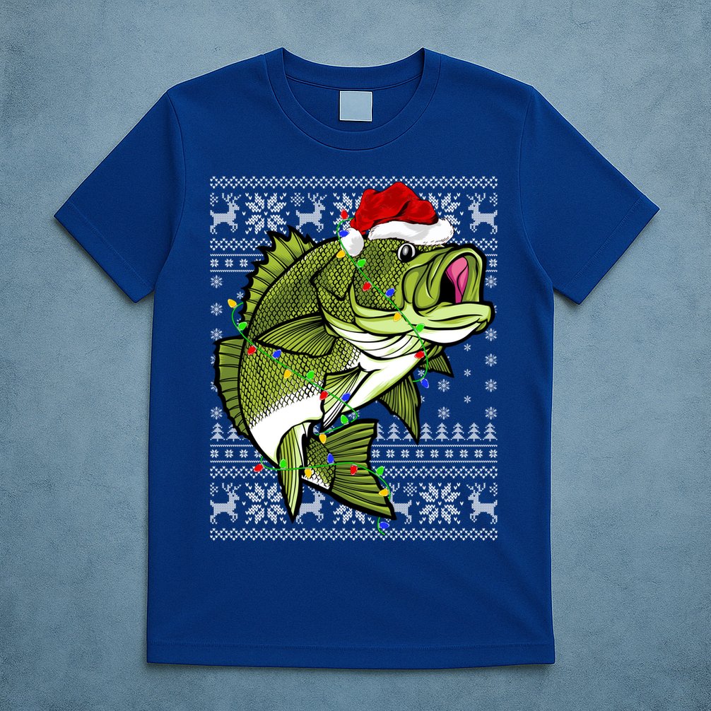 Santa Hat Bass Fish Xmas Lighting Ugly Bass Christmas Funny Gift T-Shirt