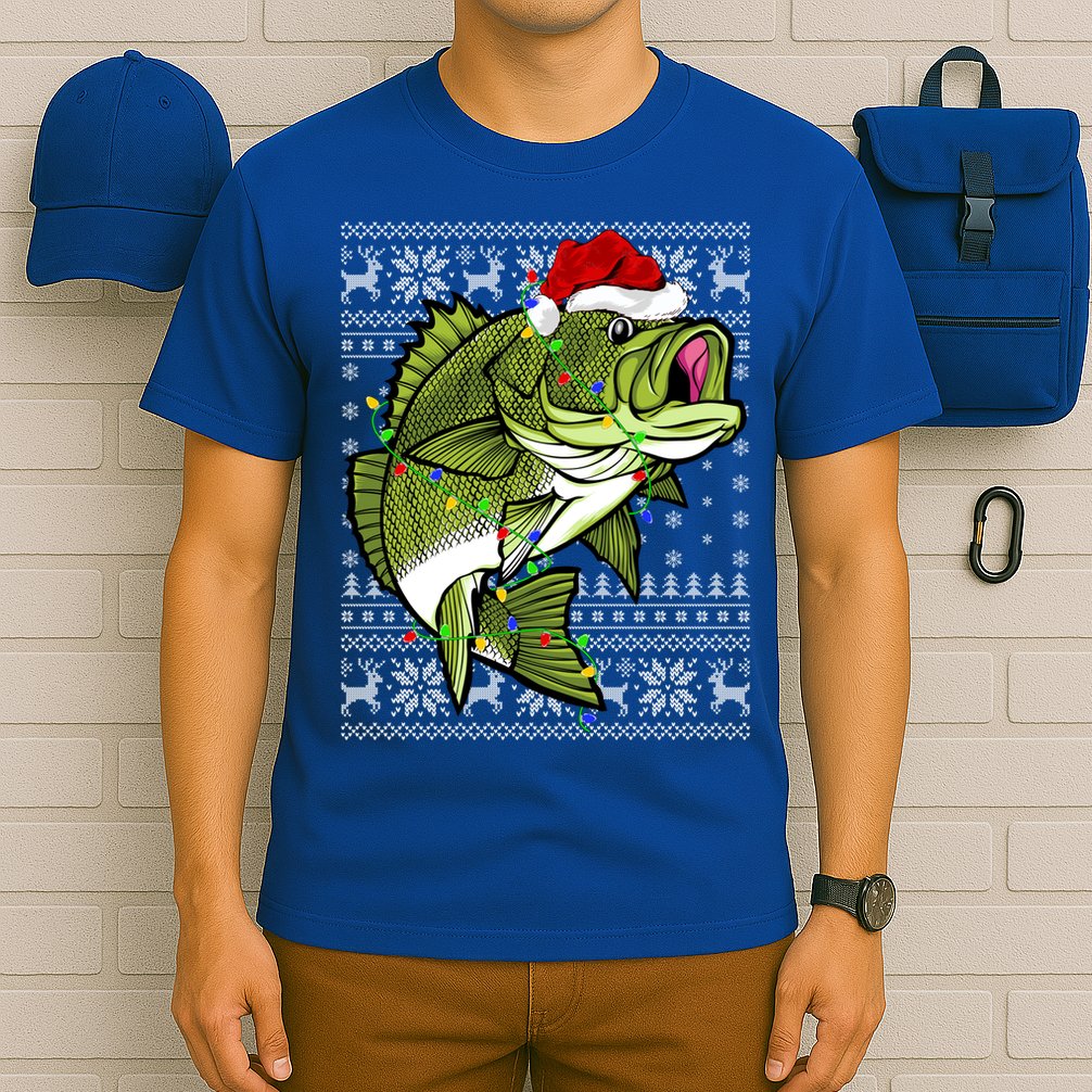Santa Hat Bass Fish Xmas Lighting Ugly Bass Christmas Funny Gift T-Shirt