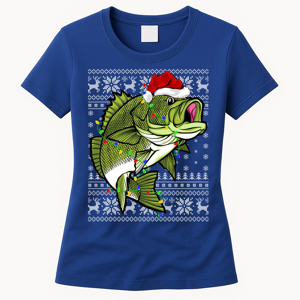Santa Hat Bass Fish Xmas Lighting Ugly Bass Christmas Funny Gift Womens T-Shirt