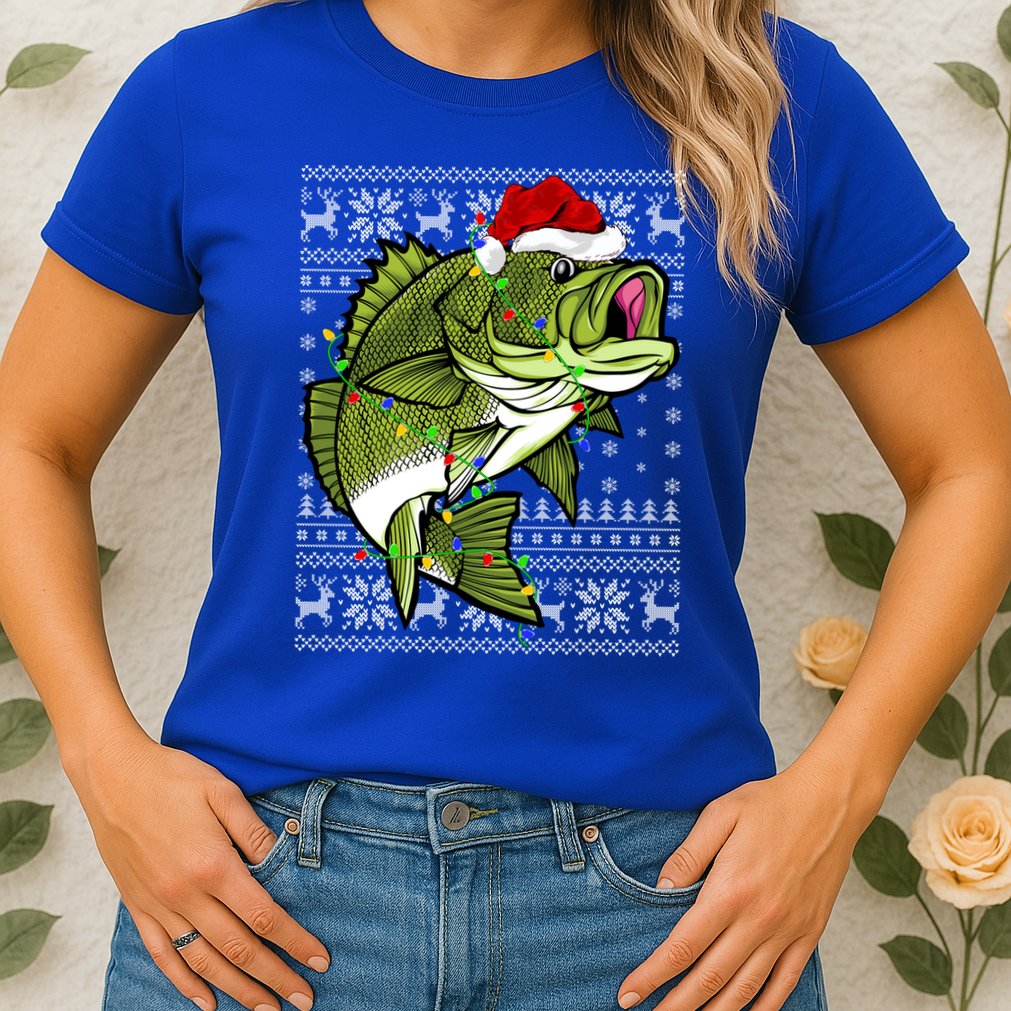 Santa Hat Bass Fish Xmas Lighting Ugly Bass Christmas Funny Gift Womens T-Shirt