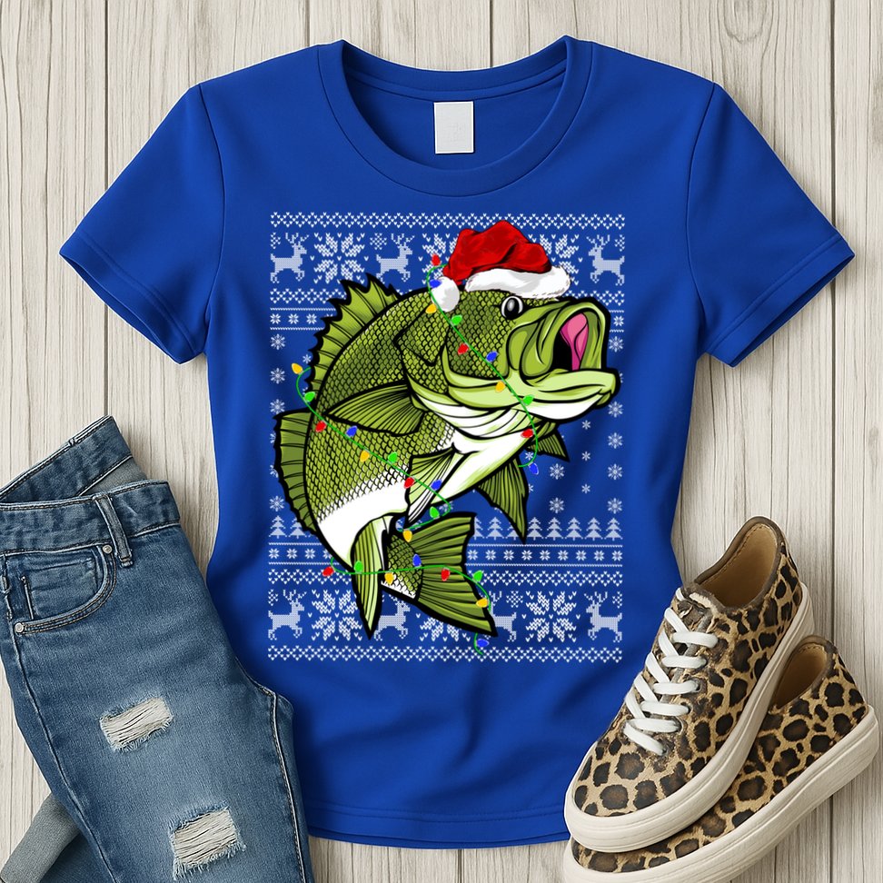 Santa Hat Bass Fish Xmas Lighting Ugly Bass Christmas Funny Gift Womens T-Shirt