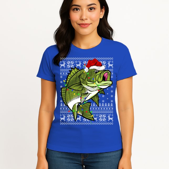 Santa Hat Bass Fish Xmas Lighting Ugly Bass Christmas Funny Gift Womens T-Shirt