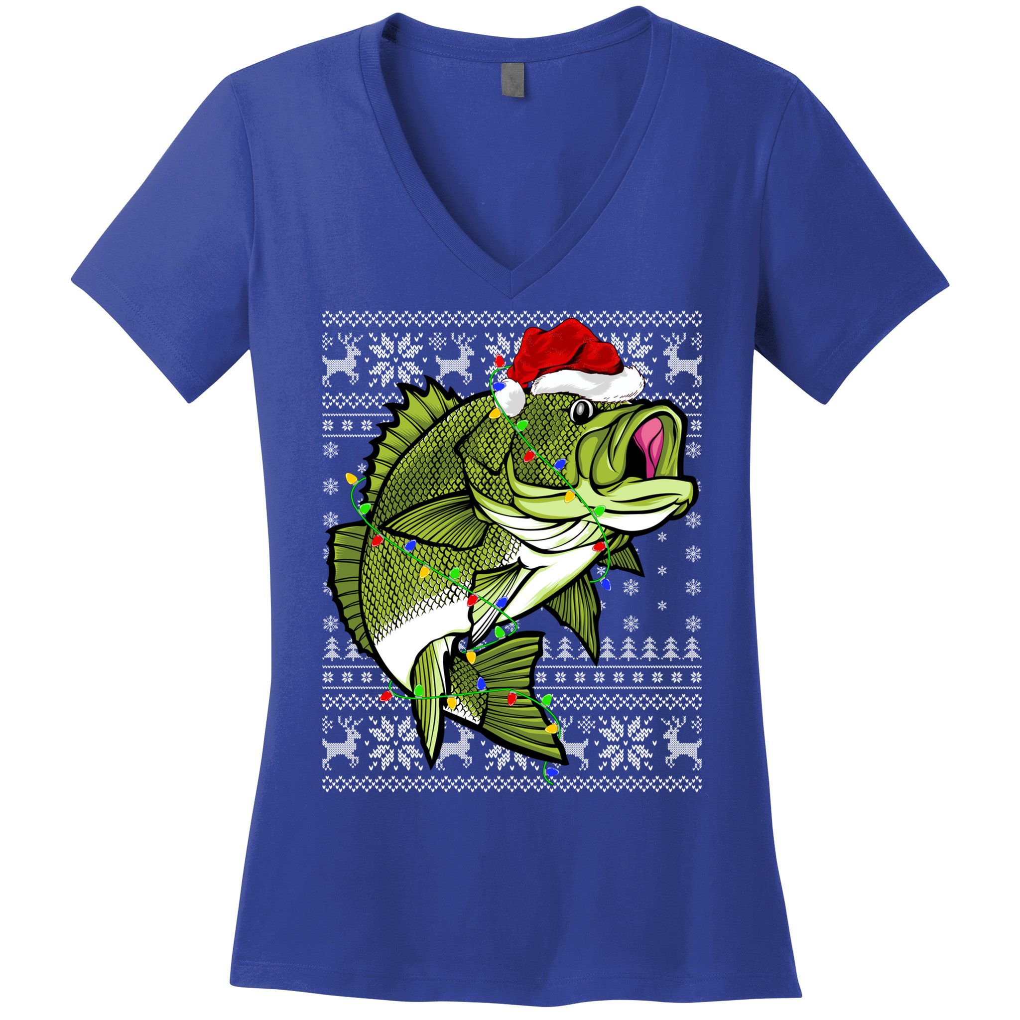 Santa Hat Bass Fish Xmas Lighting Ugly Bass Christmas Funny Gift Women's V-Neck T-Shirt