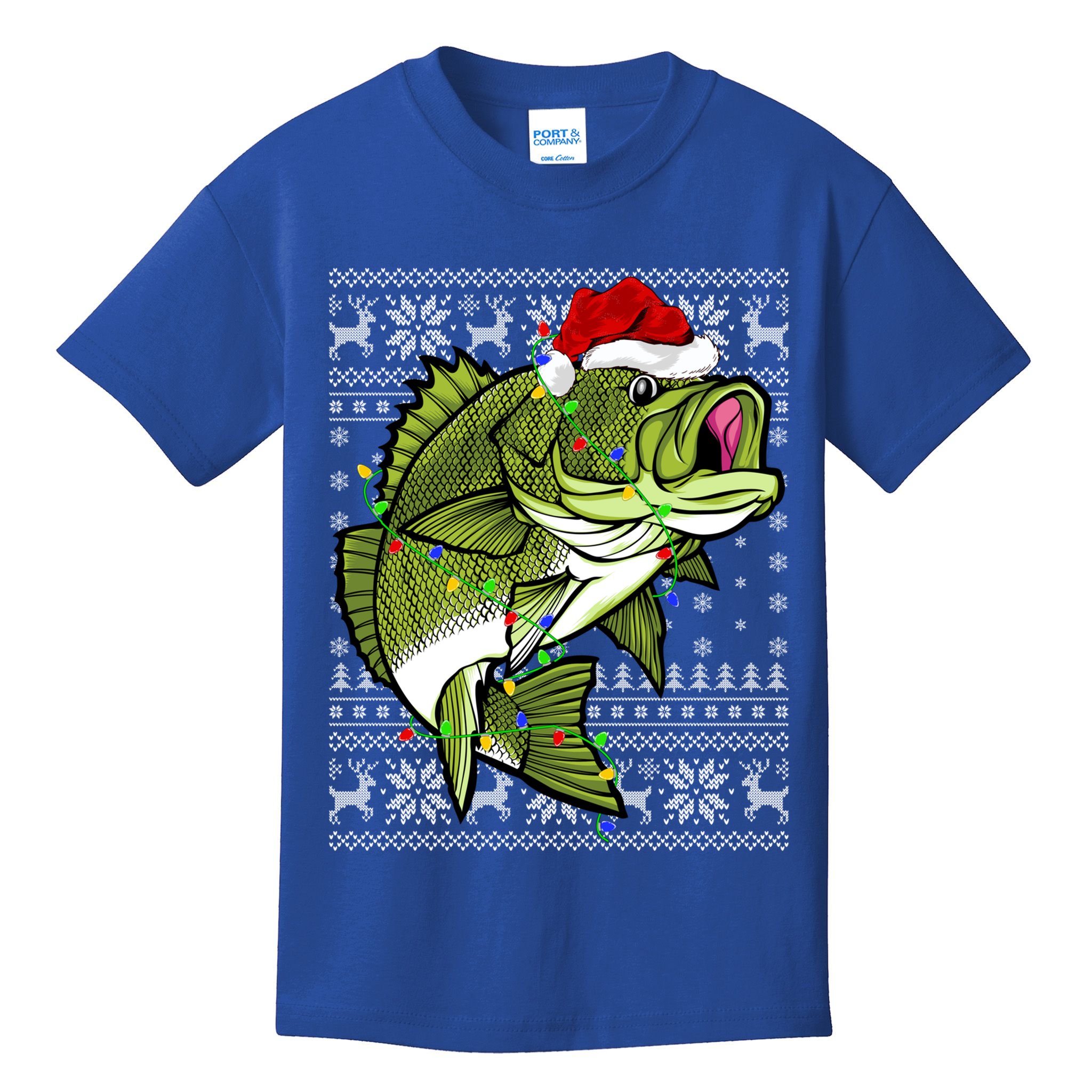 Santa Hat Bass Fish Xmas Lighting Ugly Bass Christmas Funny Gift Kids T-Shirt