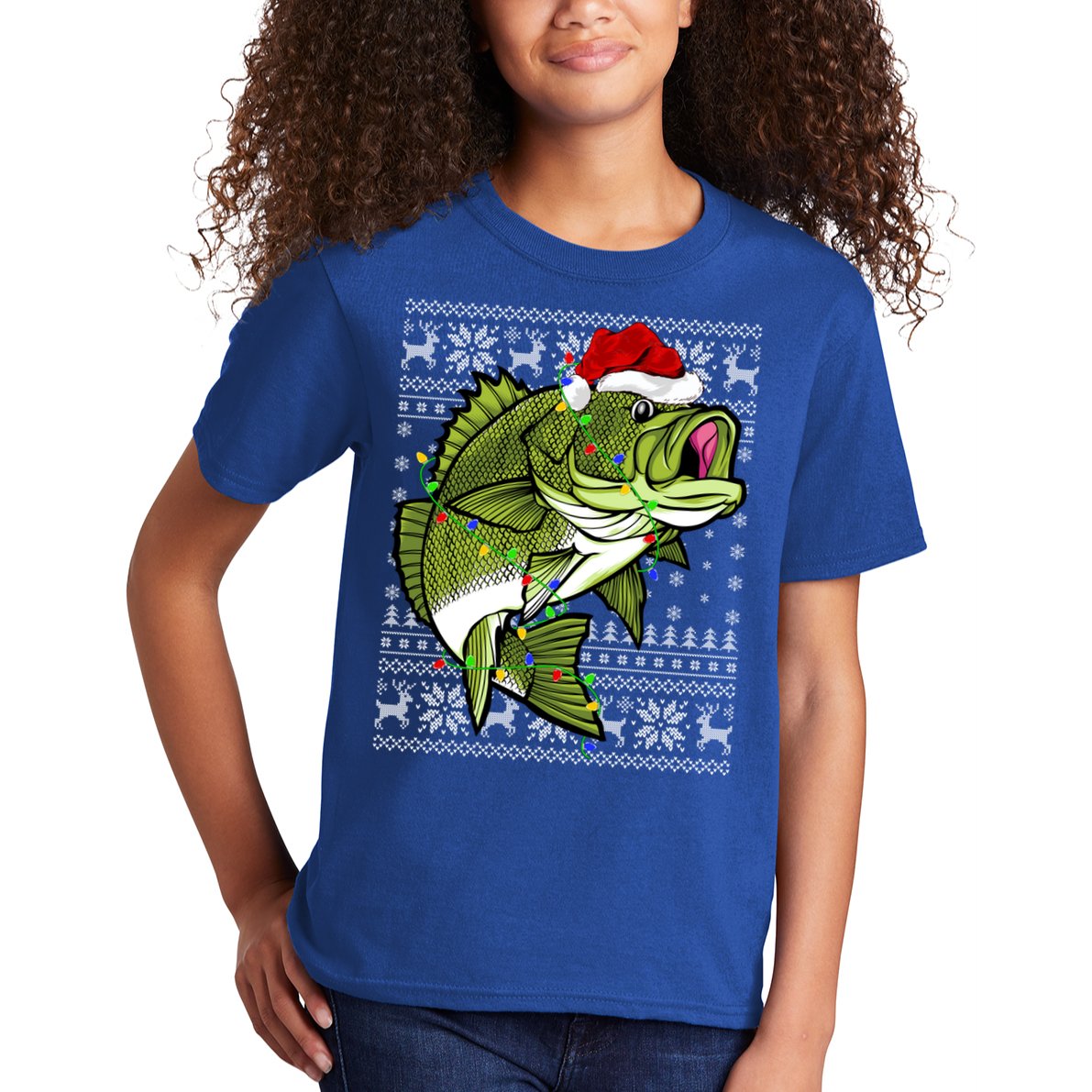 Santa Hat Bass Fish Xmas Lighting Ugly Bass Christmas Funny Gift Kids T-Shirt