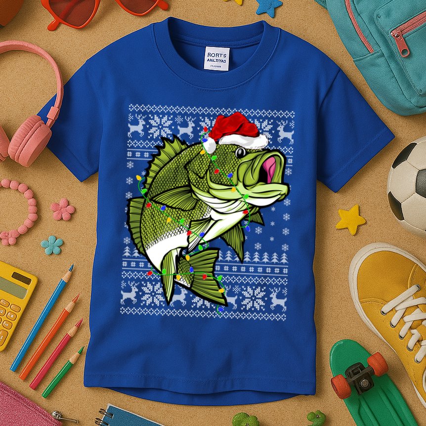 Santa Hat Bass Fish Xmas Lighting Ugly Bass Christmas Funny Gift Kids T-Shirt