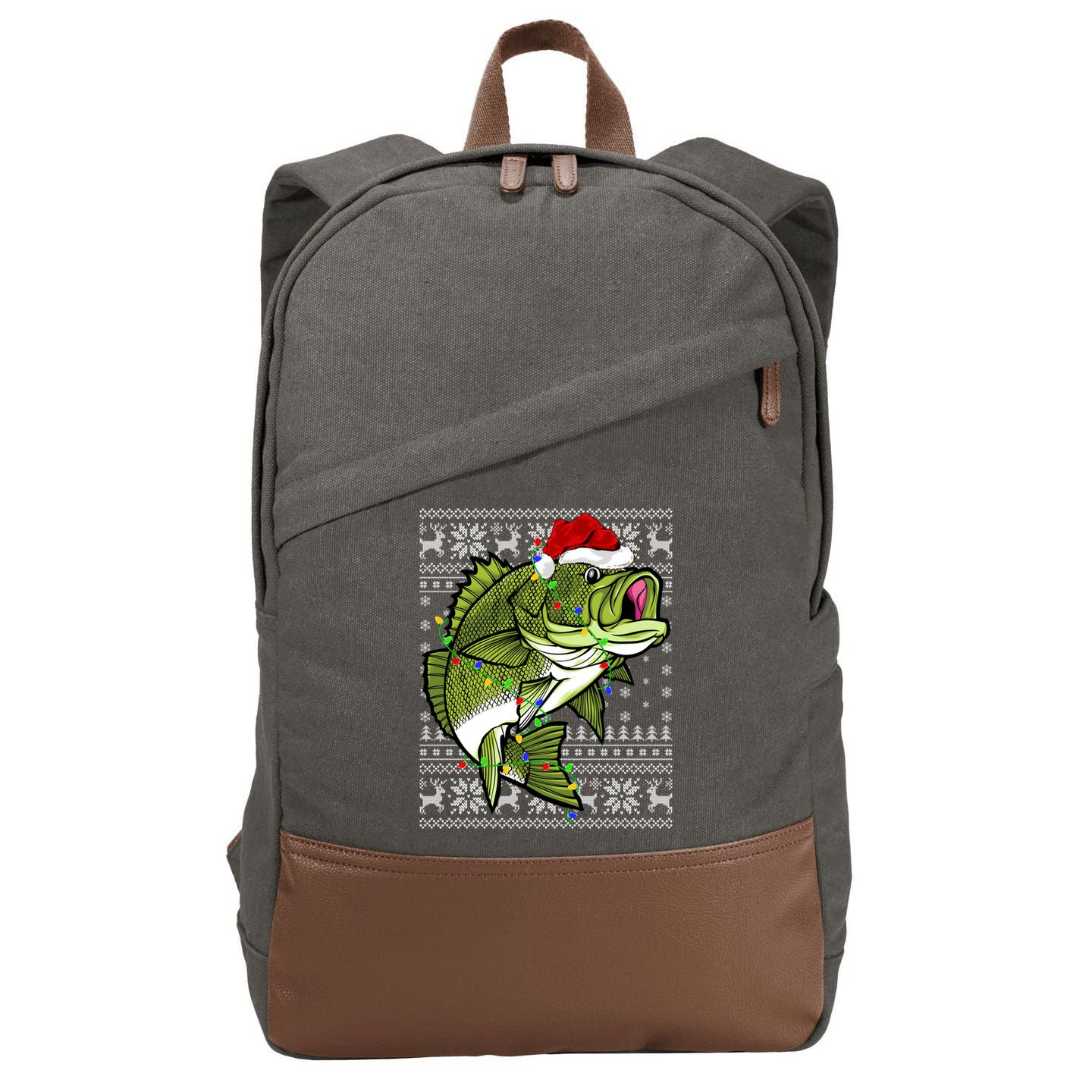 Santa Hat Bass Fish Xmas Lighting Ugly Bass Christmas Funny Gift Cotton Canvas Backpack