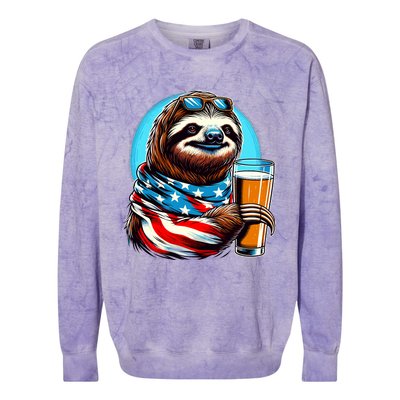 Sloth Holding Beer Usa Flag Colorblast Crewneck Sweatshirt