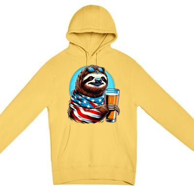 Sloth Holding Beer Usa Flag Premium Pullover Hoodie