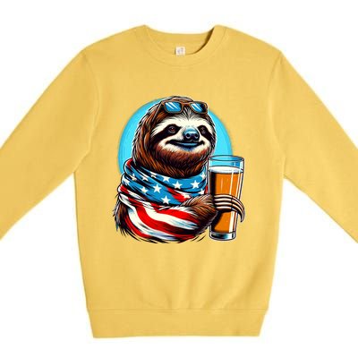 Sloth Holding Beer Usa Flag Premium Crewneck Sweatshirt