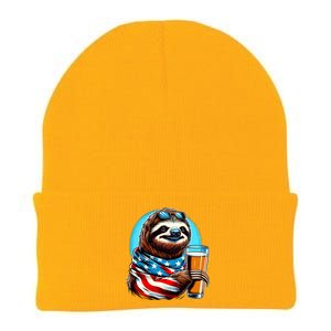 Sloth Holding Beer Usa Flag Knit Cap Winter Beanie