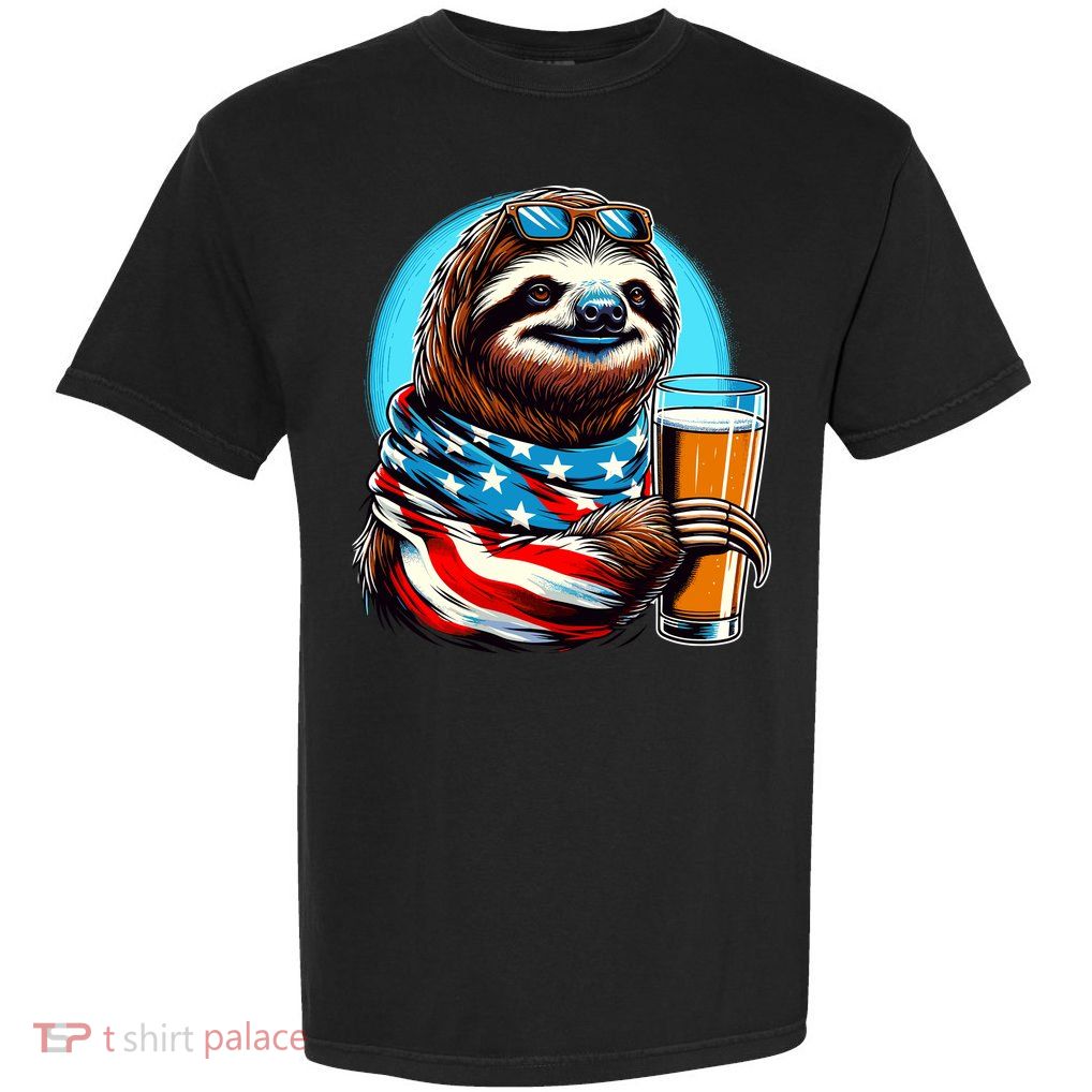Sloth Holding Beer Usa Flag Garment-Dyed Heavyweight T-Shirt