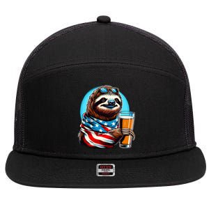 Sloth Holding Beer Usa Flag 7 Panel Mesh Trucker Snapback Hat