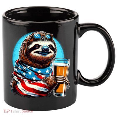 Sloth Holding Beer Usa Flag 11oz C Handle Ceramic Mug
