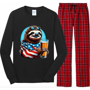 Sloth Holding Beer Usa Flag Long Sleeve Pajama Set