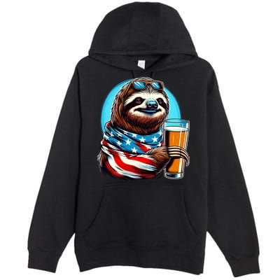 Sloth Holding Beer Usa Flag Premium Pullover Hoodie