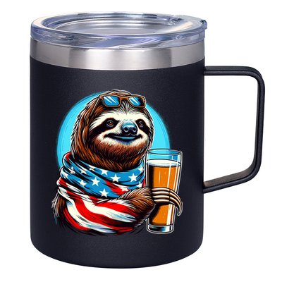 Sloth Holding Beer Usa Flag 12oz Stainless Steel Coffee Mug
