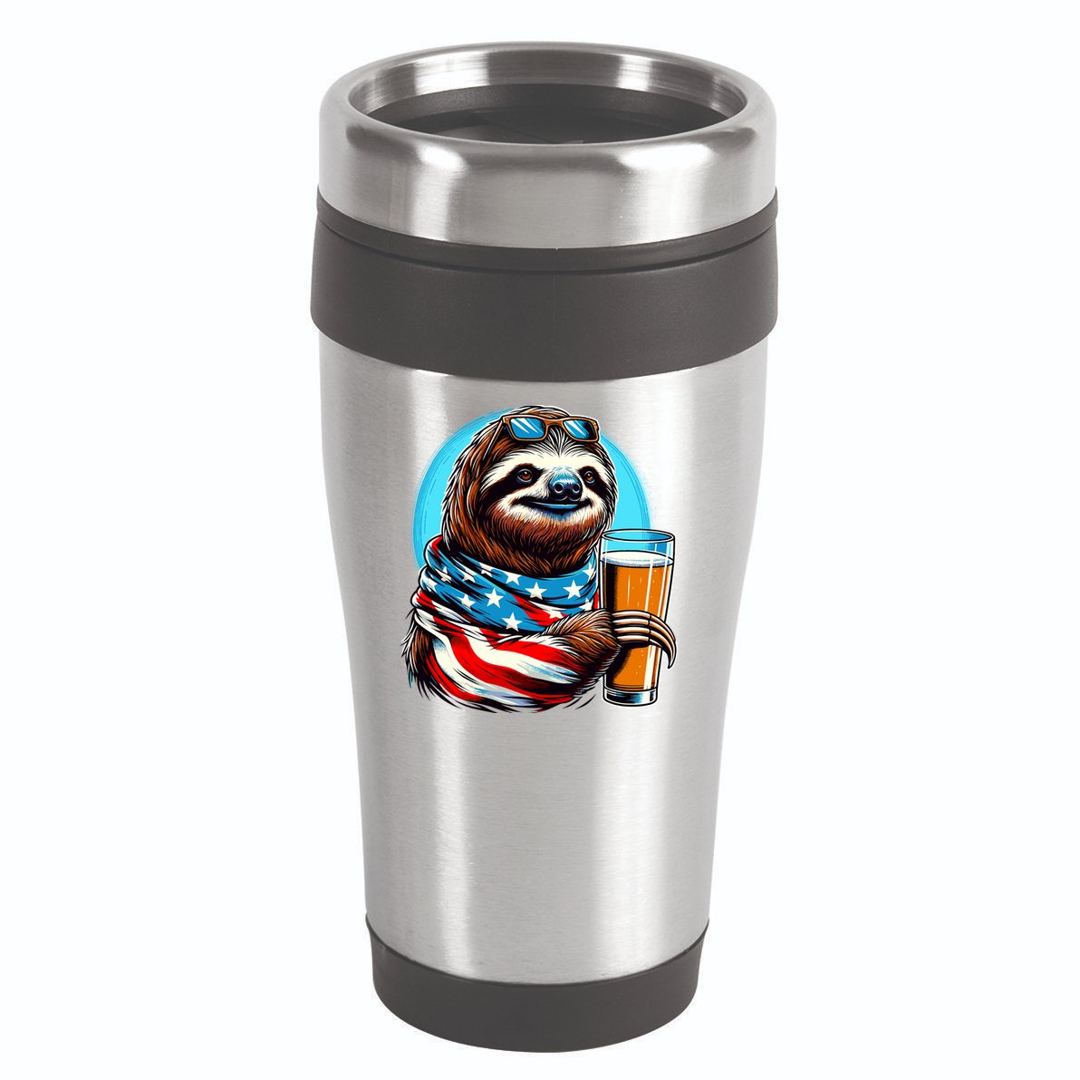Sloth Holding Beer Usa Flag 16oz Travel Tumbler
