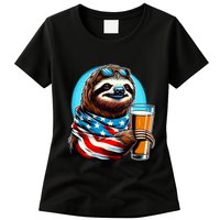 Sloth Holding Beer Usa Flag Womens T-Shirt